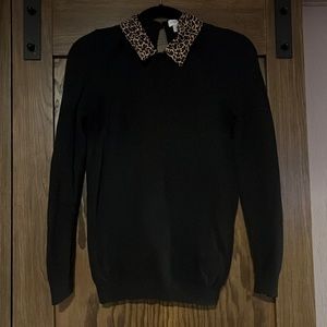 Great Condition Black Textured Thin J.Crew Sweater w/ Leopard Collar, Size M